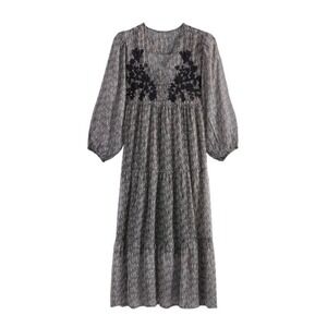 World Market Sheer Black White Embroidered Floral Dress L/XL Boho Midi